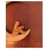Hand-Carved Wood Wall Art Set - Crescent Moon Figure Reading, Harbor Scene Panel, Framed City Photo