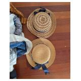 Doll With White Pinafore Dress And Two Straw Hats