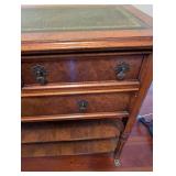 Antique Burl Walnut Console Chest w Leather Top - 4 Drawers on Casters