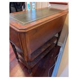 Antique Burl Walnut Console Chest w Leather Top - 4 Drawers on Casters
