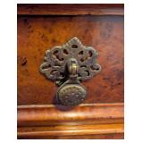 Antique Burl Walnut Console Chest w Leather Top - 4 Drawers on Casters