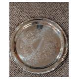 Round Silver-Plated Serving Tray with Beaded Edge and Dual Handles