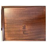 Pair of Dark Wood End Tables with Carved Brackets and Lower Shelf