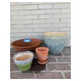 4-Piece Ceramic Plant Pots Set: Blue Leaf-Pattern Tall Planter, Terracotta & Green Pots