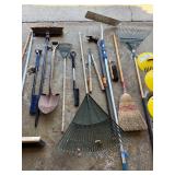Assorted Garden Tools - Rakes, Shovels, Brooms & More