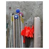 Assorted Poles & Stakes - Green Mesh Roll, Flag Pennants, Paper Roll