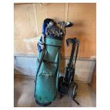Pro Select Golf Clubs in Green Cart Bag with Bennington Push Cart & Titleist Balls