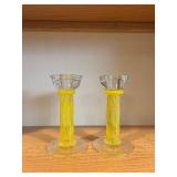 Two Yellow Glass Candle Holders with Striped Stems - Clear Cup Tops