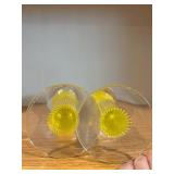 Two Yellow Glass Candle Holders with Striped Stems - Clear Cup Tops