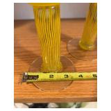 Two Yellow Glass Candle Holders with Striped Stems - Clear Cup Tops