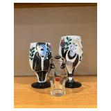 Hand-Painted Glass Goblets with Portrait Figures - 3-Piece Set