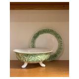 Berry Bowl with Draining Holes & Plate - Green Transferware, Italy - 7 in Diameter