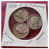 (3) 1938 Mercury Dimes - P/D/S
