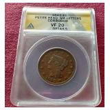 1843 Braided Hair Large Cent - ANACS VF 20 (Details)