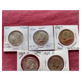 (5) 40% Silver Kennedy Half Dollars