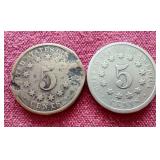(2) Shield Nickels (Dates Illegible)