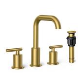 FORIOUS Gold Widespread 2-handle High-arc Residential Handle Bathroom Sink Faucet with Drain