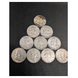 Lot Of 10 90% Silver Franklin Half Dollars