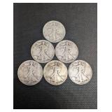 Walking Liberty Half Dollars - 6 Silver 50-Cent Coins, 1928-1945 Range