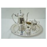 Vintage Silver-Plated Tea Set. Oval Serving Tray, Tea Pot, Creamer, Covered Sugar
