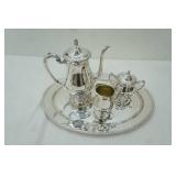 Vintage Silver-Plated Tea Set. Oval Serving Tray, Tea Pot, Creamer, Covered Sugar