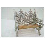 Vintage Dollhouse Miniature Bench w/silver-colored metal frame. 10" wide by 9.5" tall by 7" deep