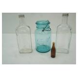 Vintage Aqua Glass Ball Canning Jar, 2ct Watkins Glass Bottles w/caps, mini brown Guinness bottle