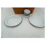 Enamelware Plates, Enamelware Cups, Vintage Redmon Picnic Basket