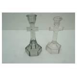 Vintage Clear/Smoke Glass Candlestick holders. Featuring Crucifix design w/hexagonal base