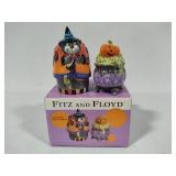 Fitz & Floyd Kitty Witches Salt & Pepper Shakers + Three Halloween Porcelain Candy Dishes