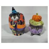 Fitz & Floyd Kitty Witches Salt & Pepper Shakers + Three Halloween Porcelain Candy Dishes