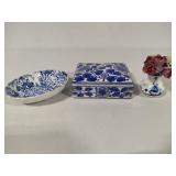 Blue & White Soap Dish, Trinket Box & Small Vase