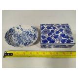Blue & White Soap Dish, Trinket Box & Small Vase
