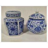Two Blue & White Jars w/Lids