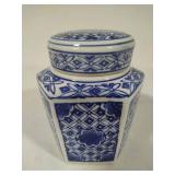 Two Blue & White Jars w/Lids