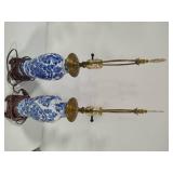 Pair of Blue & White Side Table Lamps w/Wood Base