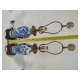 Pair of Blue & White Side Table Lamps w/Wood Base