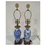 Pair of Blue & White Side Table Lamps w/Wood Base