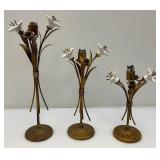 3 Antique Hollywood Regency Ceramic Lilies Ant Metal Candle Holders 9", 11" & 14"