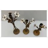3 Antique Hollywood Regency Ceramic Lilies Ant Metal Candle Holders 9", 11" & 14"
