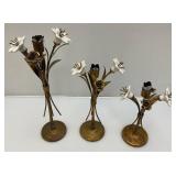 3 Antique Hollywood Regency Ceramic Lilies Ant Metal Candle Holders 9", 11" & 14"