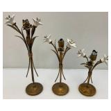 3 Antique Hollywood Regency Ceramic Lilies Ant Metal Candle Holders 9", 11" & 14"