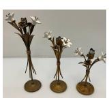 3 Antique Hollywood Regency Ceramic Lilies Ant Metal Candle Holders 9", 11" & 14"