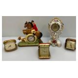 Misc. Vintage Clocks And Travel Clocks Including ELGIN And More (Chalkware Clock Horseman