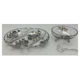 Vintage Silver Overlay Fostoria Century 3 Part Divided Relish Dish & Gravy Boat With Spoon