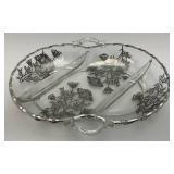 Vintage Silver Overlay Fostoria Century 3 Part Divided Relish Dish & Gravy Boat With Spoon