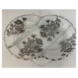 Vintage Silver Overlay Fostoria Century 3 Part Divided Relish Dish & Gravy Boat With Spoon