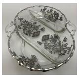 Vintage Silver Overlay Fostoria Century 3 Part Divided Relish Dish & Gravy Boat With Spoon