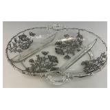 Vintage Silver Overlay Fostoria Century 3 Part Divided Relish Dish & Gravy Boat With Spoon