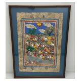 Framed Behind Glass Mexican Folk Art Amate Bark Painting Of Village With Farm Animals 20" x 27"